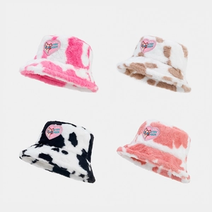 Women Winter Warm Faux Fur Bucket Hat Cow Print Heart Cat Patch Plush Basin Hat Outdoor Fashion Streetwear Accessories