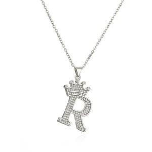 Silver crown letter R pendant necklace with sparkling rhinestones for women