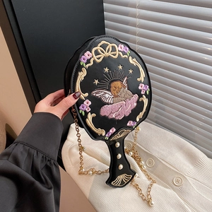 Baroque style mirror-shaped bag with floral embroidery and golden pearl chain