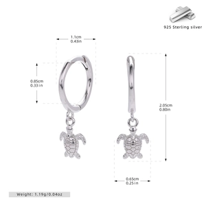 Detailed size measurement of S925 sterling silver sea turtle drop hoop earrings