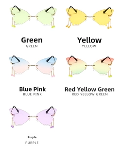 Detailed close-up of butterfly wing sunglasses with dangling beads in multiple colors
