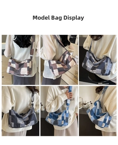 Détails de sacs bandoulière en denim patchwork en plusieurs couleurs avec large sangle