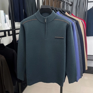 Detail of green half-zip knit sweater showing ribbed collar and premium soft fabric texture