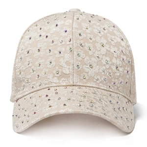 Women's beige baseball cap with floral embroidery and colorful rhinestones for sun protection