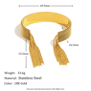 18K gold plated stainless steel open bangle with beads and tassels on white background