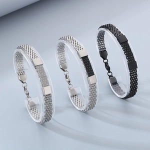 Three-piece set of woven stainless steel snake bone bracelets in silver and black finishes