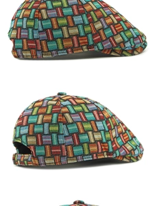 Detailed views of a colorful plaid knit newsboy cap with vintage checkered texture