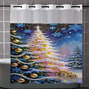 Christmas shower curtain with oil painting tree design and blue gold ornaments