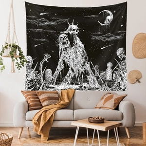 Gothic skull wall tapestry with moon and starry night scene for minimalist room decor