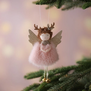 Pink plush Christmas angel ornament with deer antlers and gold wings hanging on a tree