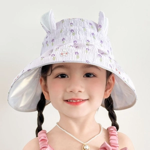 Kids purple tulip print sun hat with cute bunny ears and wide brim for UV protection