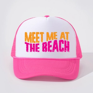 Pink and white foam trucker hat with MEET ME AT THE BEACH print and mesh back