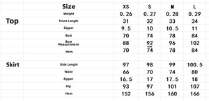 Detailed size chart for elegant floral camisole top and fishtail skirt two-piece set