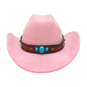 Pink felt western cowboy hat with leather band and turquoise stone details on white background