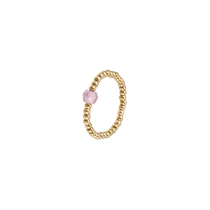 Detail of beaded gold stainless steel elastic ring with faceted pink zircon gemstone