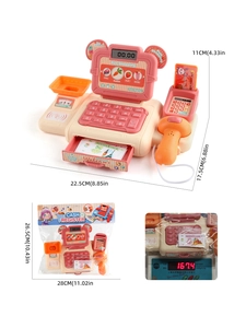 Detailed dimensions and weight of pink toy cash register with scanner and play money