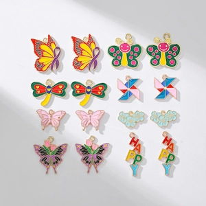 Alloy Oil Drip Enamel Butterfly Dragonfly Flower Happy Letter Charms For DIY Necklace Earring Keychain Jewelry Making Pendants