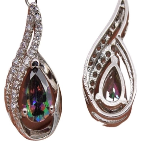Rainbow mystic topaz teardrop earrings with halo zircon accents and silver setting