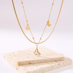 Double-layered 18k gold-plated stainless steel butterfly necklace with zircon pendant