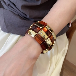Retro geometric checkerboard acrylic and gold metal square wide bangle bracelet for women