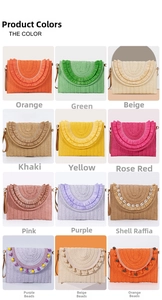 Detail view of woven envelope clutch bags with tassels, shells, and beads in multiple colors