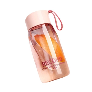 Portable minimalist pink plastic water bottle with carry strap and fruit record print