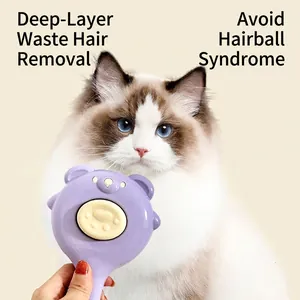 Purple self-cleaning pet brush with bear ears and one-click hair removal for cats