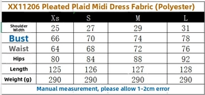 Detailed size guide table for sleeveless plaid midi dress with body measurements in cm