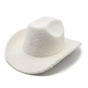 Classic white faux fur western cowboy hat with soft fleece texture and curved brim style