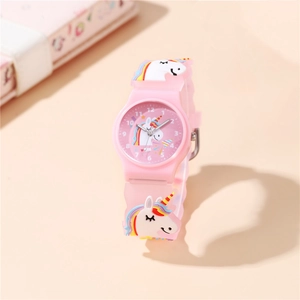 Pink cartoon unicorn quartz watch for kids featuring a flexible silicone strap and digital dial
