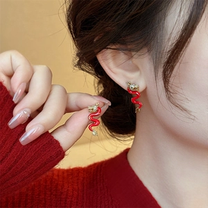 Chinese dragon stud earrings with red enamel and gold finish for Lunar New Year