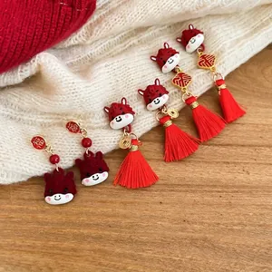 Chinese Style Red Flocked Pony Tassel Earrings Alloy With Silver Earring Post New Year Festive Jewelry For Women