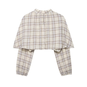 Plaid crop top featuring beige and brown checkers and cape-style loose back design