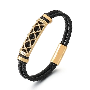 Men's double-layered woven leather bracelet with golden titanium magnetic clasp