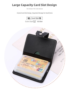 Detail of black faux leather accordion card holder with multiple transparent slots and snap