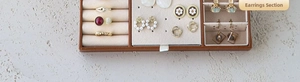 Detail of jewelry organizer with brown leather trim and beige velvet ring slots