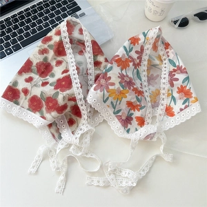 Lace-trimmed floral cotton head scarf and hair band set in red and multi-color prints