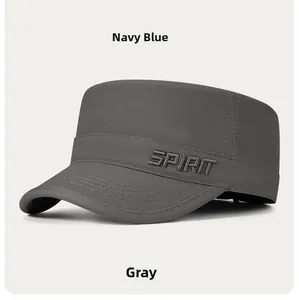 Detail of grey flat top military cap featuring Spirit embroidery and durable stitching