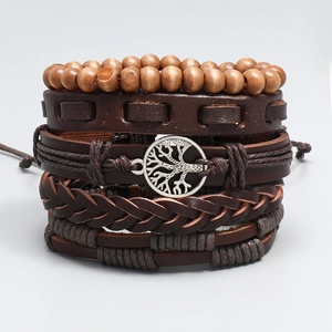 5-piece vintage leather bracelet set with tree of life charm and wooden beads