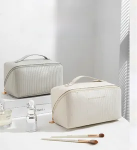Detailed view of large capacity makeup bags with vertical stripe texture and gold zipper