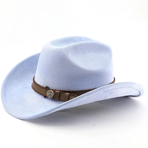 Macro detail of light blue felt cowboy hat with brown leather band and bronze emblem