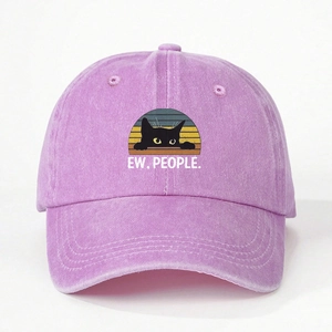 Purple washed cotton baseball cap with EW PEOPLE black cat print and adjustable strap