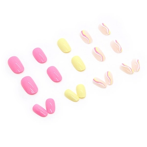 Faux ongles press-on bicolores rose et jaune à vagues avec une finition en résine brillante