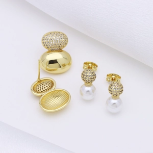 18k gold plated gourd-shaped earrings with sparkling cubic zirconia and white pearls