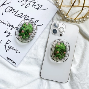 Floral letter grip holder for phone featuring green stained glass plant art and resin finish