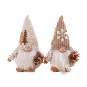 Pair of Christmas faceless gnomes with knit hats, white beards, and rustic burlap bags