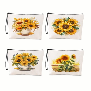 Set of four waterproof linen sunflower makeup bags with cartoon nurse floral prints
