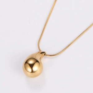 Minimalist gold teardrop pendant necklace with sleek snake chain on white background