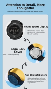 Detailed close-up of 5ATM waterproof digital sports watch with stainless steel back cover