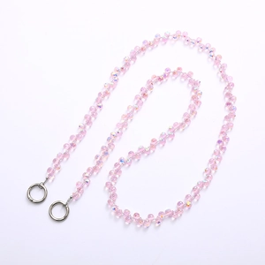 Pink faceted crystal beaded crossbody phone chain strap with silver metal ring clasps